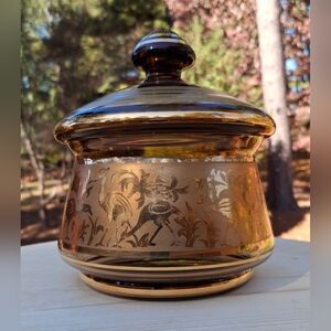 Vintage MCM Czech Bohemian Dark Amber Glass & Gold Cranes Covered Candy Dish